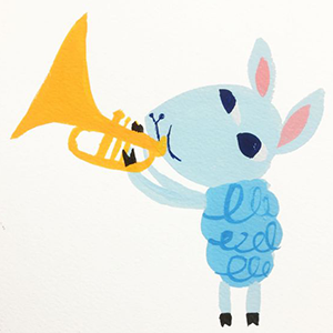 Piirretty kuva. Lammas soittaa trumpettia.