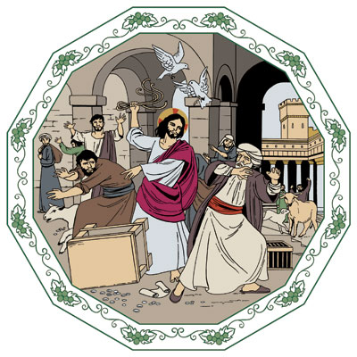 Jeesus on ajaa piiska kädessään kauppiaita pois Jerusalemin temppelistä.