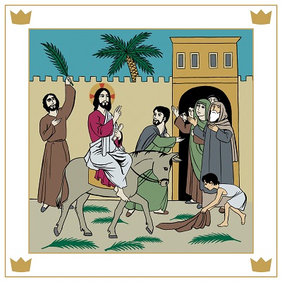 Jeesus ratsastaa aasilla kaupungin porttia kohti. Ihmiset levittävät aasin eteen vaatteita ja palmunoksia.