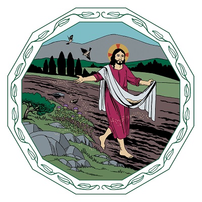 Jeesus kulkee pellolla ja kylvää siemeniä peltoon.