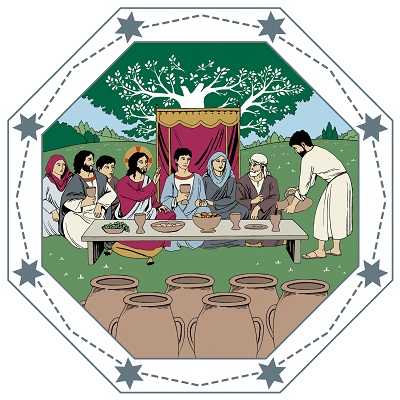 Jeesus ja muita ihmisiä istuu pöydän ääressä. Pöydässä on lautasia, kuppeja, ruokaa ja juomaa. Mies kaataa juomaa kannusta kuppiin.