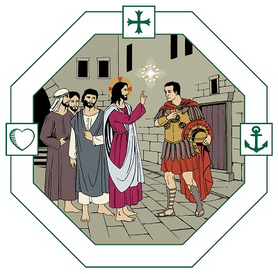 Jeesus ja kolme miestä seisovat roomalaisen sotilaan edessä. Jeesus siunaa roomalaista.
