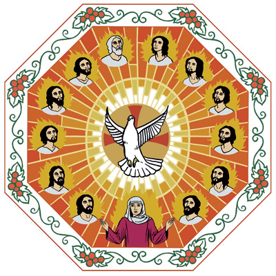 Pyhän Hengen kyyhkynen on keskellä. Kaksitoista miestä ja yksi nainen on kyyhkysen ympärillä.