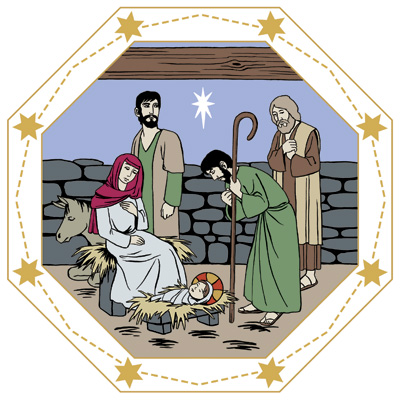 Jeesus makaa seimessä ja Maria ja Joosef seisovat vieressä. Yksi paimen kumartaa Jeesusta ja toinen paimen seisoo vieressä.