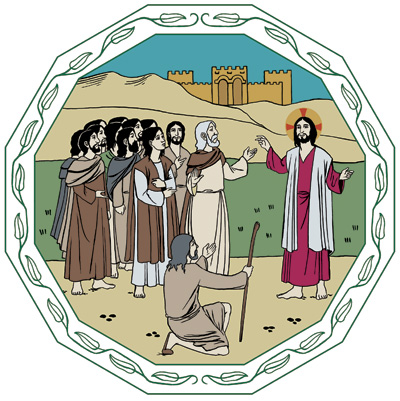 Jeesus seisoo tiellä ja puhuu oppilailleen. Jeesuksen edessä on mies polvillaan.