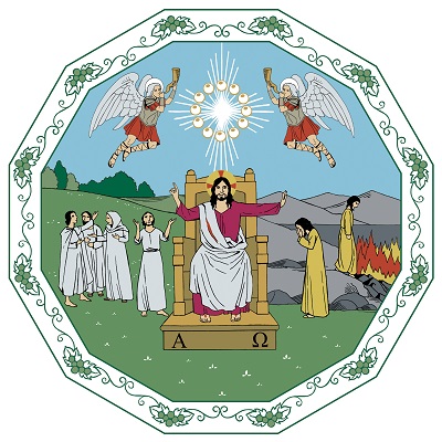 Jeesus istuu valtaistuimella. Hänen yläpuolellaan on tähti ja tähden vieressä kaksi enkeliä.