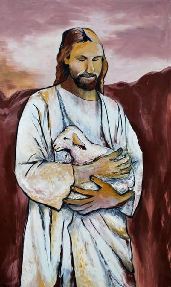 Maalaus, jossa Jeesus pitää sylissään karitsaa.